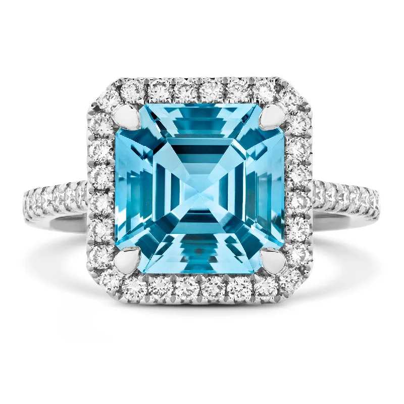 Ladies perfect round rings -18ct white gold claw set Asscher cut Santa Maria Aquamarine and Diamond ring