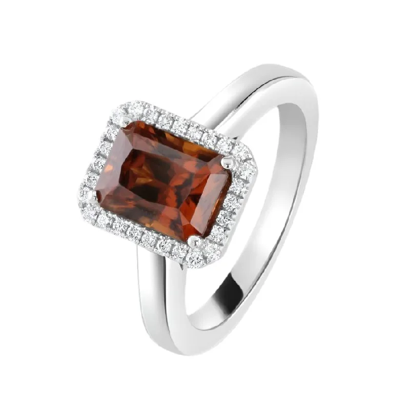 Ladies festive charm rings -18ct White Gold Octangonal Cut Orange Zircon & Diamond Halo Cluster Ring