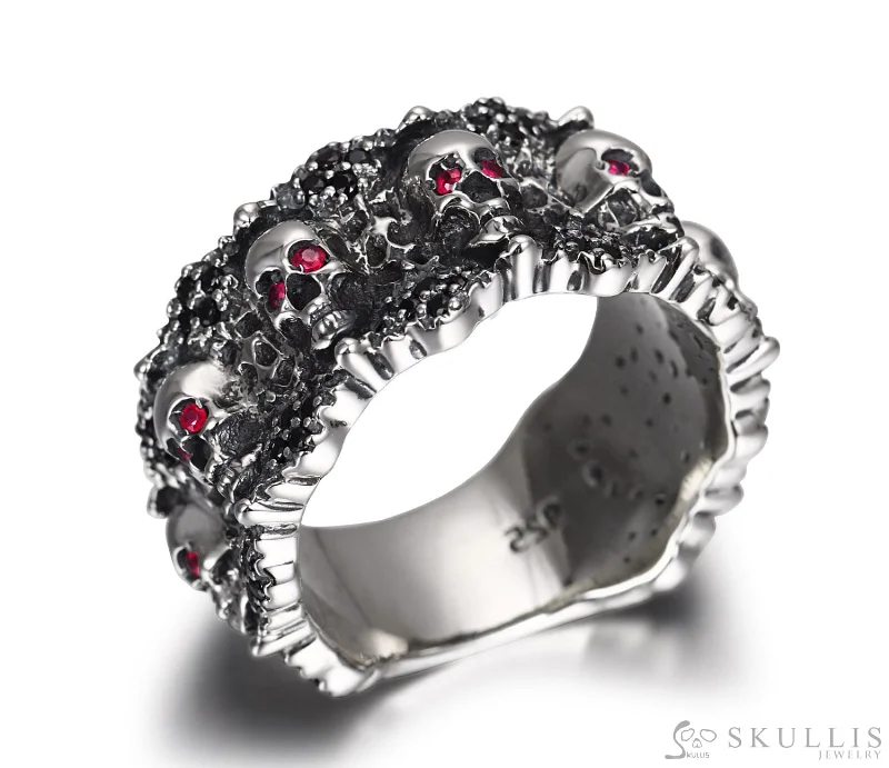 Ladies soft satin rings -Eyes of Five Elements - 925 Sterling Silver Carved Skulls Ring with Ruby Eyes