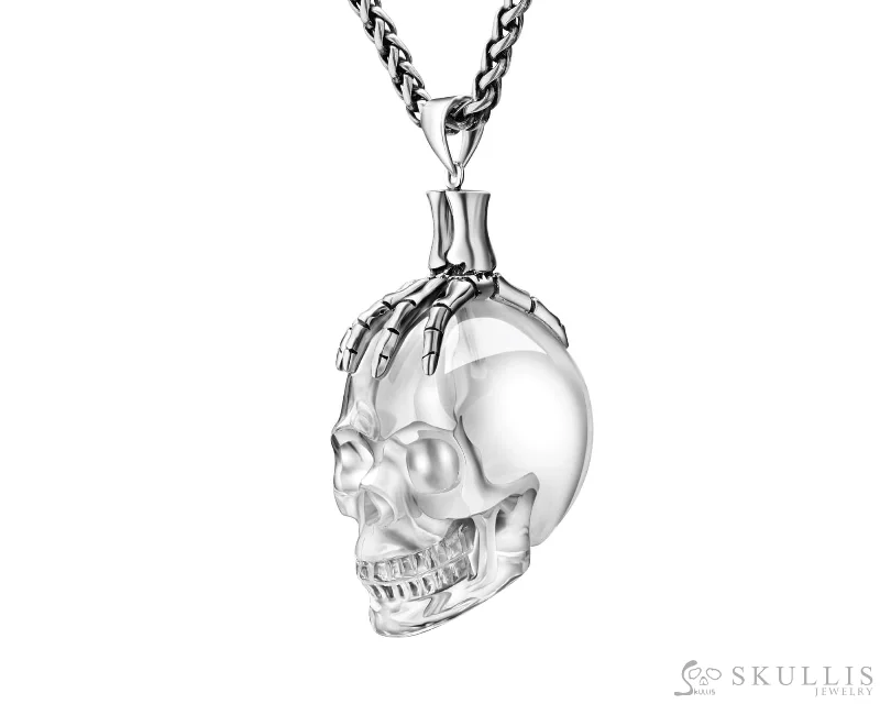 lattice pattern necklaces for women -Gem Skull Pendant Necklace of Quartz Rock Crystal Carved Skull with Skeleton Hand in 925 Sterling Silver