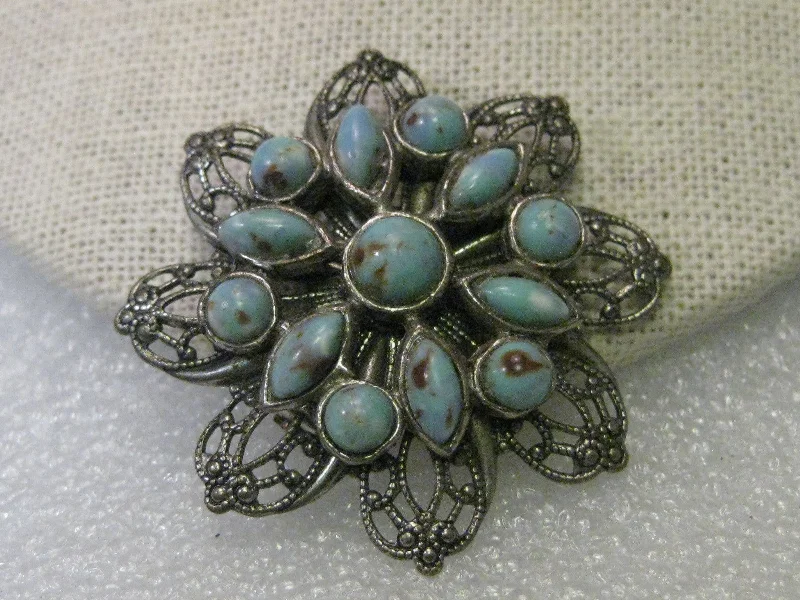 ladies yellow gold brooch hoops -Vintage Art Deco Brooch, Silver tone Filigree Blue Stone Blossom Shaped, 1.75"