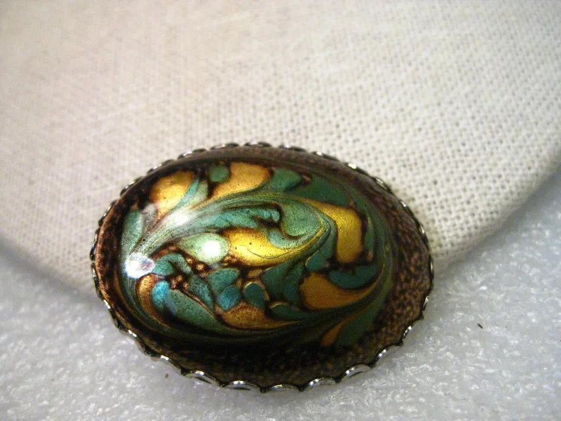 matte silver brooch for women -Vintage Swirled Art Glass in Sage, Gold, Chocolate Art Glass Oval Brooch, Bezel Set. 1.75" - Better than Photos