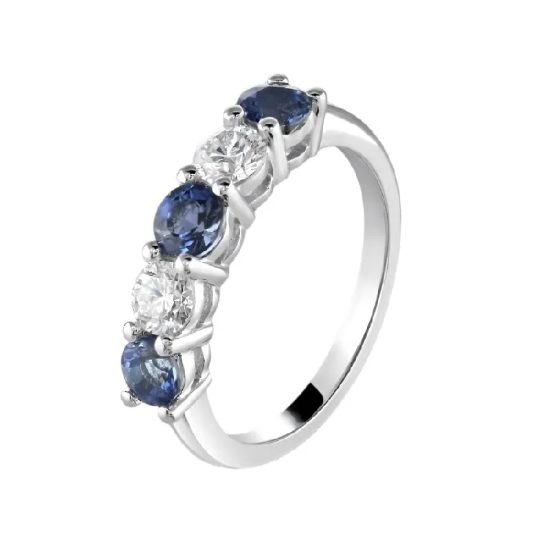 Ladies bright enamel rings -Platinum Aquamarine & Diamond Claw Set 5-Stone Half Eternity Ring