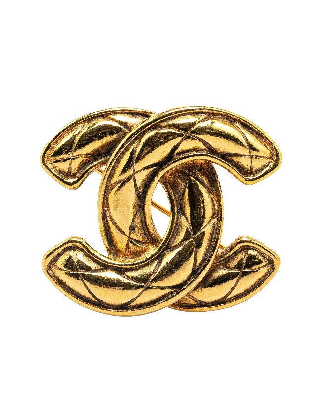 ladies silver brooch onyx stones -Gold Plated Quilted Logo Brooch