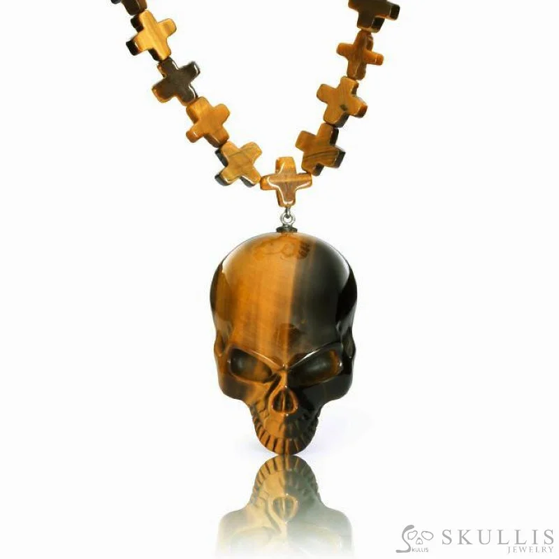 ladies gold necklaces bear pendants -Gem Skull Pendant Necklace of Gold Tiger Eye Carved Skull with Cross Chain