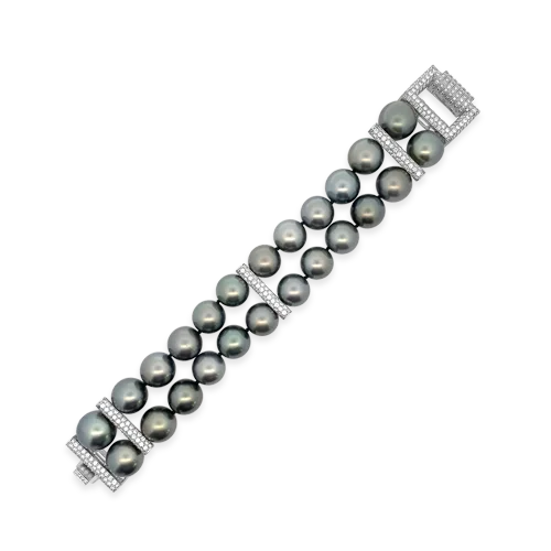 ladies silver bracelets sodalite stones -Tahitian Pearl & Diamond Two Row Bracelet