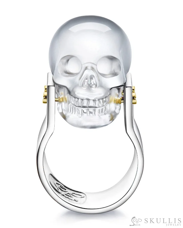 Ladies frosty glow rings -Gem Skull Ring of Quartz Rock Crystal Carved Skull in 925 Sterling Silver