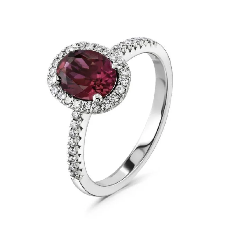 Ladies endless infinity rings -18ct White Gold Oval Cut Pink Tourmaline & Diamond Halo Cluster Ring with Diamond Shoulders