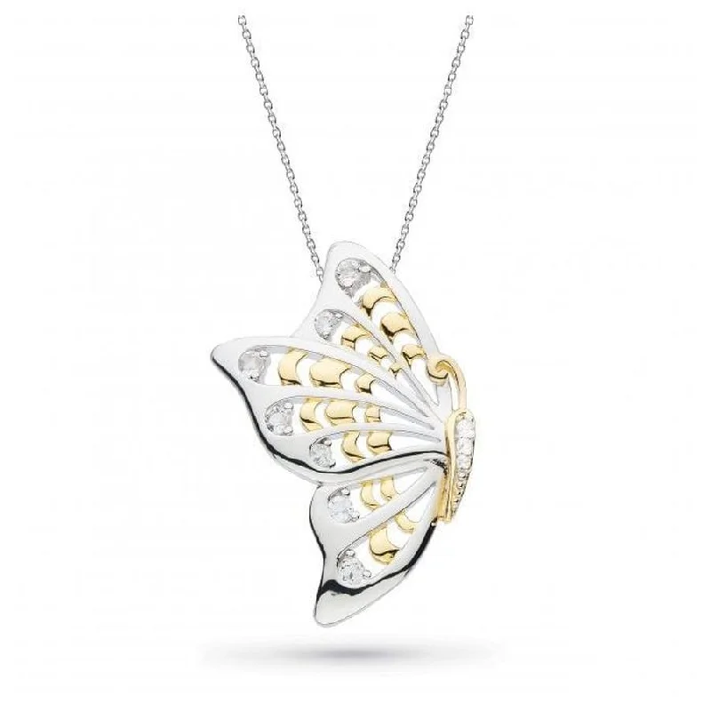 ladies chain necklaces adjustable length -Silver & Yellow Gold Plated Blossom Flyte Butterfly White Topaz Set Statement Necklace