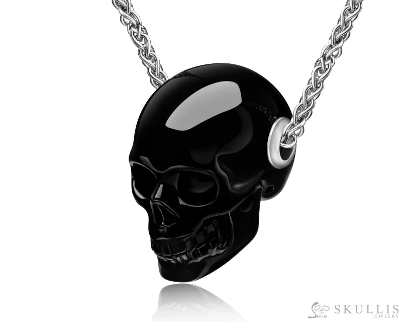 rose gold moon necklaces for women -Skullis Signature Black Obsidian Gem Skull Pendant or Necklace, Hand Carved, Sterling Silver 925 Chain, for Women & Men