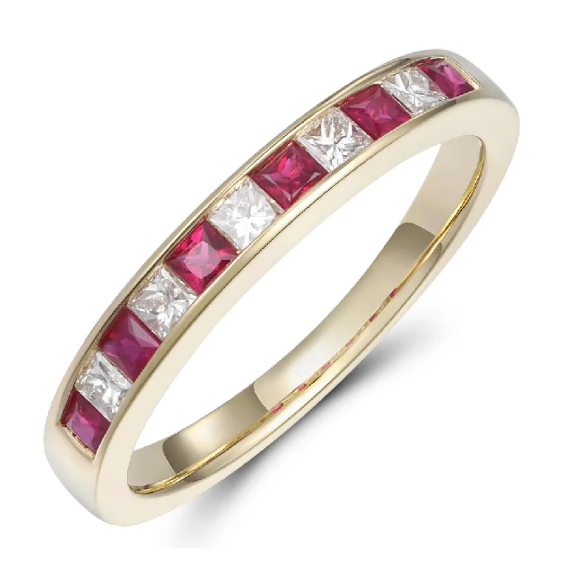 Ladies soul calm rings -18ct Yellow Gold Channel Set Princess Cut Ruby and Diamond 11-Stone Ring