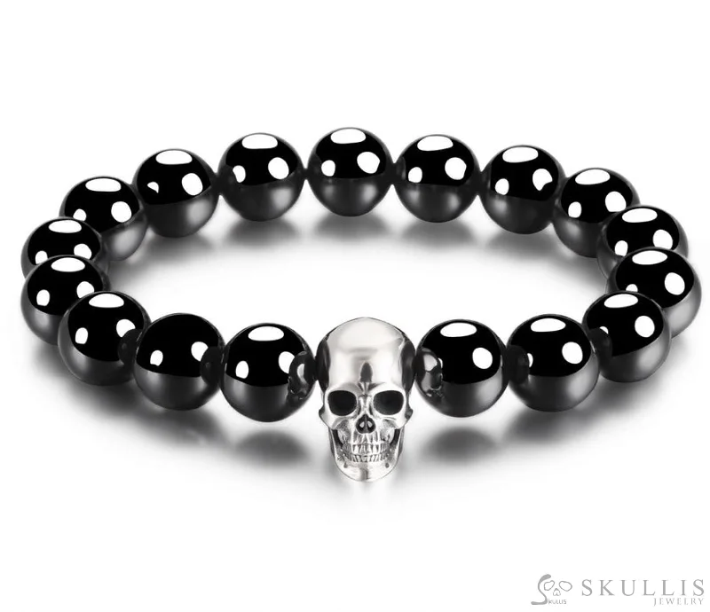 minimalist line bracelets for women -Gem Skull Bracelet of Sterling Silver Carved Skull with Black Obsidian Beaded