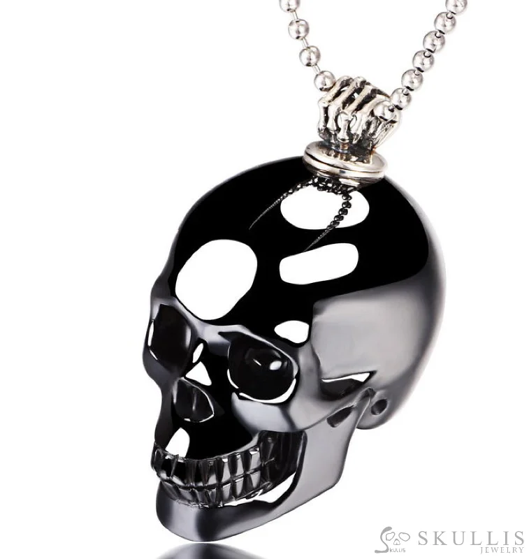 ladies gold necklaces wave patterns -Gem Skull Pendant Necklace of Black Obsidian Carved Skull with Perfume Bottle Bail in 925 Sterling Silver