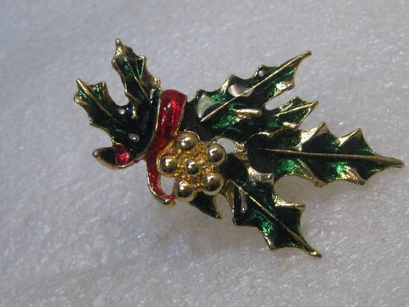 ladies silver brooch turquoise accents -Vintage Enameled Holly Christmas Brooch, 2.5", 1960's-1970's, Gold Tone