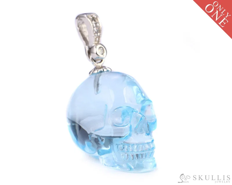 ladies statement necklaces bold style -Gem Skull Pendant Necklace of Sky Blue Topaz Carved Skull with Sterling Silver Bail - 9500032