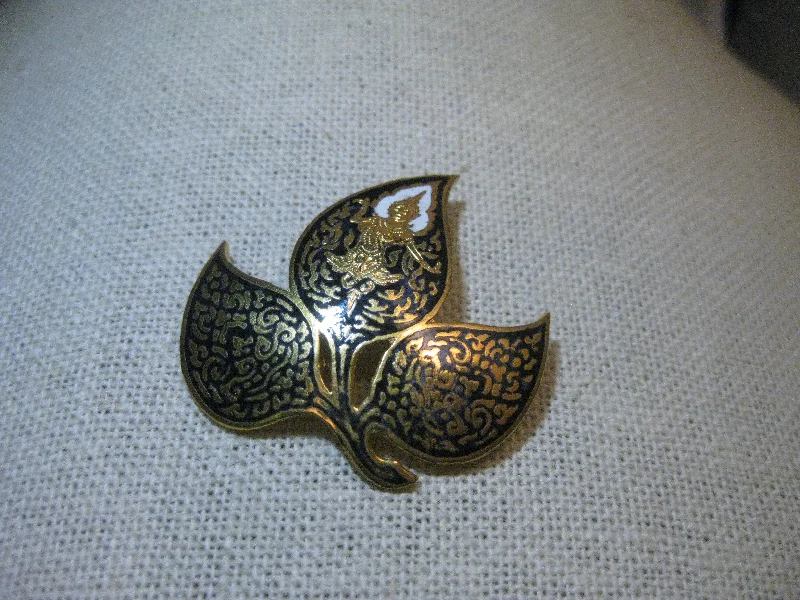 ladies silver brooch tourmaline stones -Vintage SIAM  Damascene Brooch, Leaf Design, C-Clasp, Gold Tone, 1.5", Mid-Century