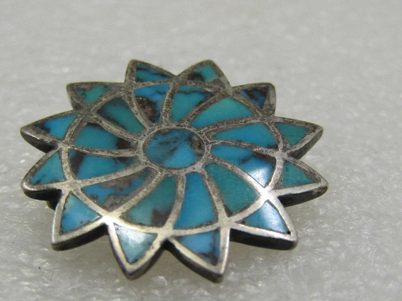 fringe brooch for women boho -Vintage Southwestern Sterling Turquoise Brooch, Inlaid Blossom, 1.25"