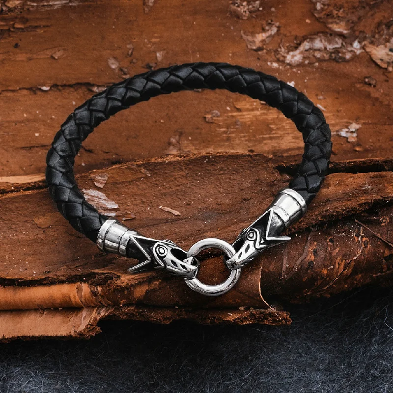 wave pattern bracelets for women -Wolf Leather Bracelet, Black