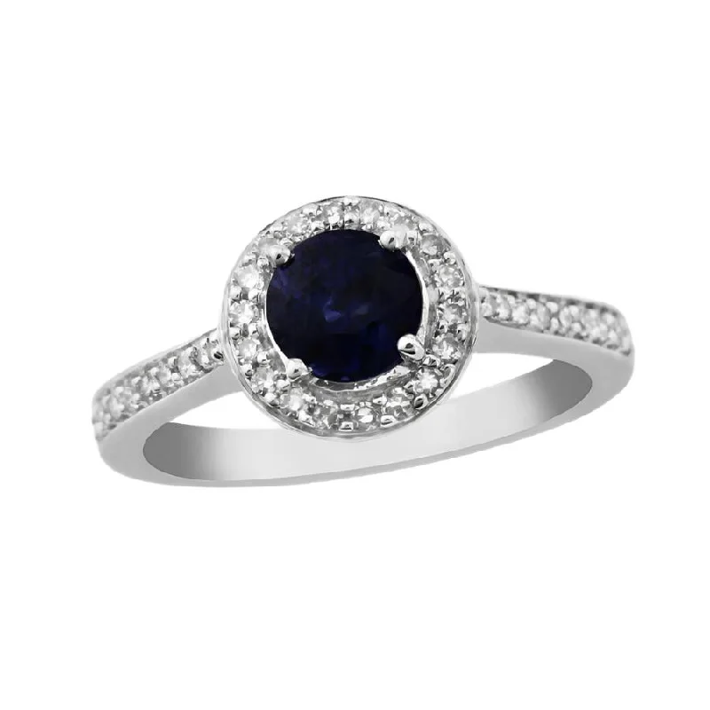 Ladies hex shine rings -9ct White Gold Round Cut Sapphire & Diamond Halo Cluster Ring