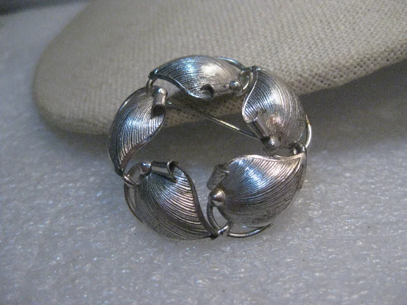 long brooch for women statement -Vintage Sterling Silver Leaf Brooch, Circle, signed TK, 1960's, 5.67 grams, 1.5"