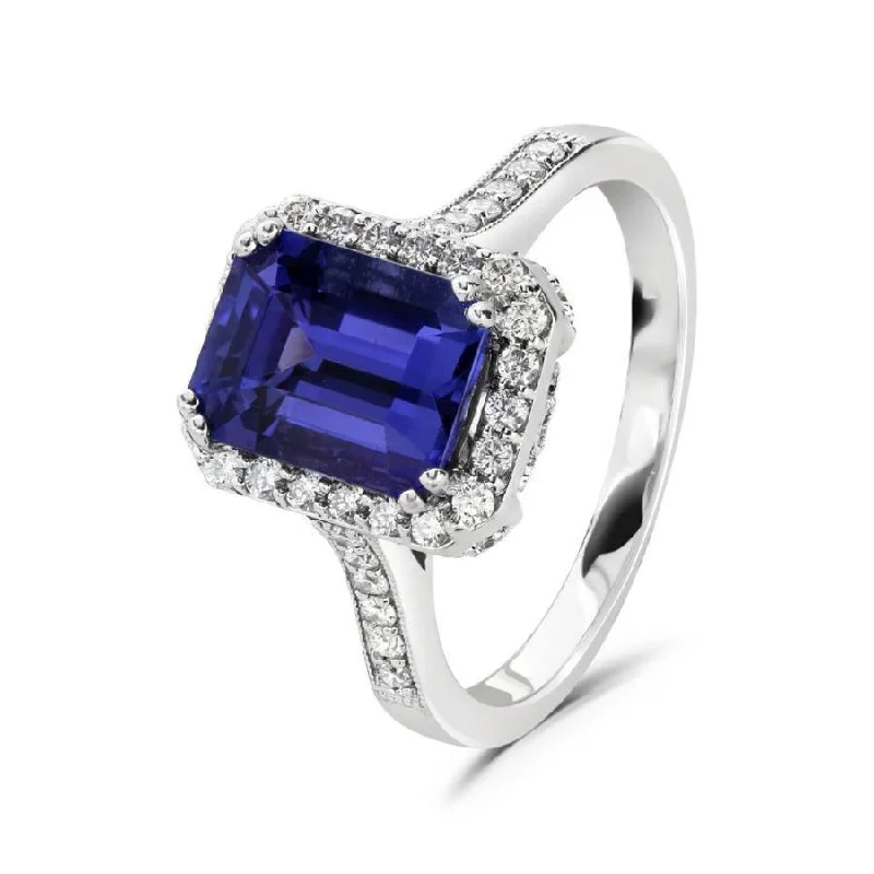 Ladies royal lapis rings -18ct White Gold Octangonal Cut Tanzanite & Diamond Halo Cluster Ring with Diamond Shoulders