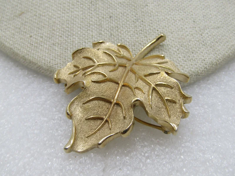 ladies gem brooch dream themes -Vintage Crown Trifari Leaf Brooch, Gold Tone, Textured & Shiny, 1960's-1970's, 2.25"