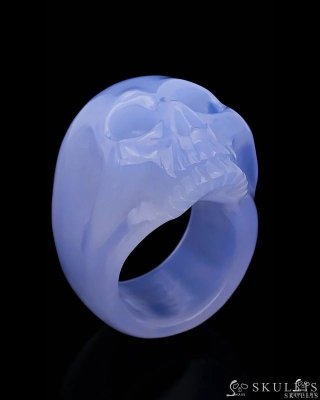 Ladies textured weave rings -Whole Gem Skull Ring, Blue Chalcedony Carved Totally