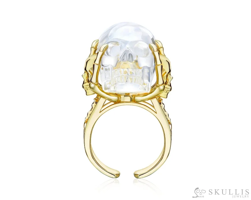 Ladies rich platinum rings -Gem Skull Ring of Quartz Rock Crystal Carved Skull in 18k Gold-Plate Silver