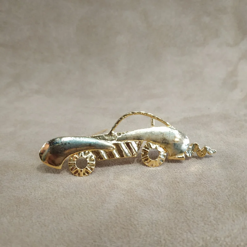 ladies brooch etched florals -Vintage Gold Sports Car Brooch pin