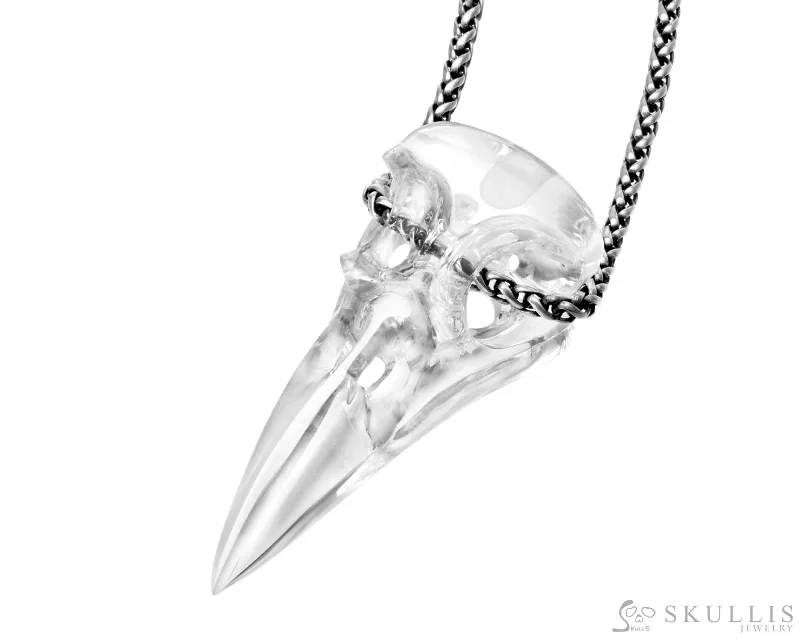 minimalist bar necklaces for women -Gem Raven Skull Pendant Necklace of Quartz Rock Crystal Carved Raven