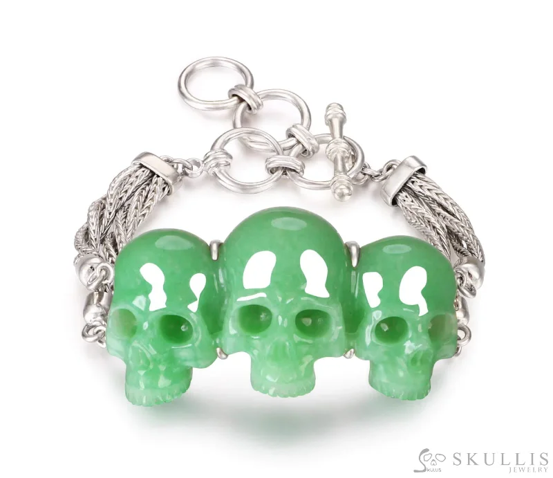 oxidized silver bracelets for women -Gem Skull Bracelet of Green Aventurine Carved Skull in 925 Sterling Silver