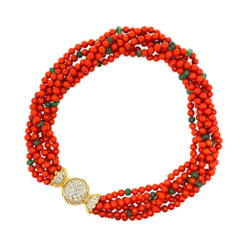 ladies necklaces enamel detailing -Bulgari Coral & Emerald Bead Necklace