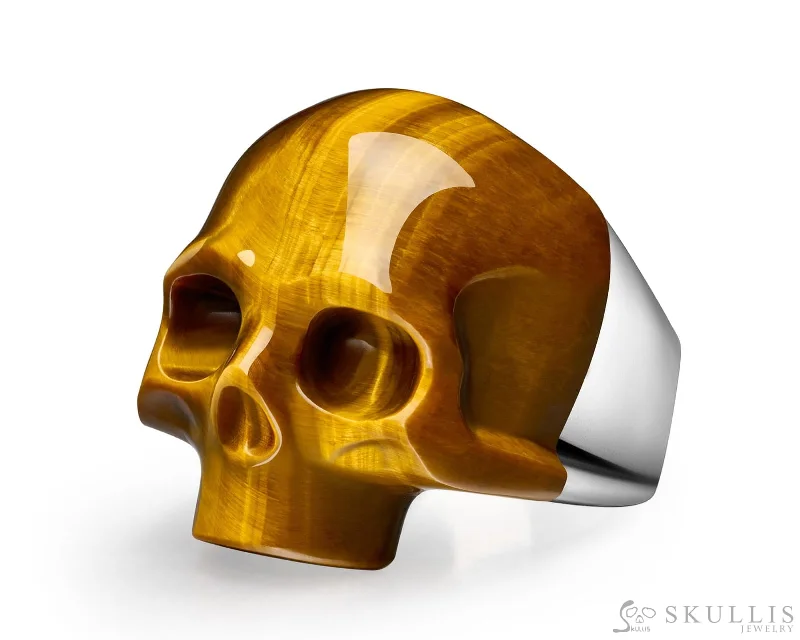 Ladies blossom charm rings -Skullis Signature Gold Tiger's Eye Gem Skull Ring, Hand Carved, Sterling Silver, for Women & Men