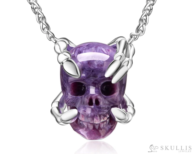 gold leaf design necklaces for women -Gem Skull Pendant Necklace of Russian Charoite Carved Skull with Sterling Sterling Silver Finger Bones