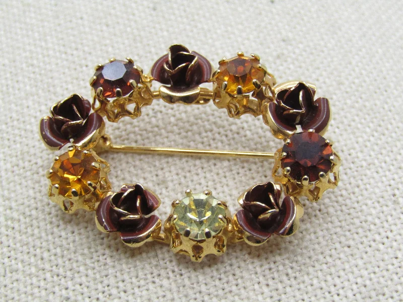 layered gem brooch for women -Vintage Austria Crystal Oval Brooch, Rose Blossoms, 1940's-1960's.