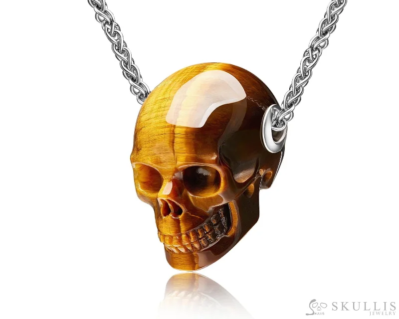 ladies silver necklaces lapis lazuli -Skullis Signature Gold Tiger's Eye Gem Skull Pendant or Necklace, Hand Carved, Sterling Silver 925 Chain, for Women & Men