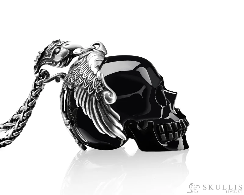 trendy minimalist necklaces for ladies -Gem Skull Pendant Necklace of Black Obsidian Carved Skull with Phoenix in 925 Sterling Silver