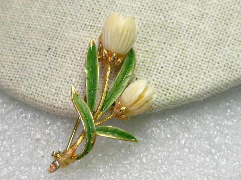 small gold brooch for women -Vintage Gold Tone Carved Tulip Floral Brooch, Enameled Leaves, Signed JJ