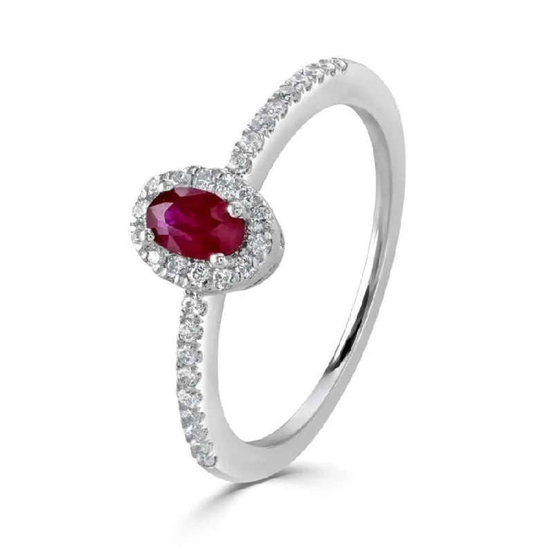 Ladies love heart rings -9ct White Gold Oval Cut Ruby & Diamond Halo Cluster Ring with Diamond Shoulders