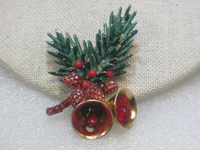 ladies gemstone brooch with pendants -Vintage Gold Tone Green Enameled Pine Branch & Bells Christmas Brooch, Pine Cones  by ART, 1960's