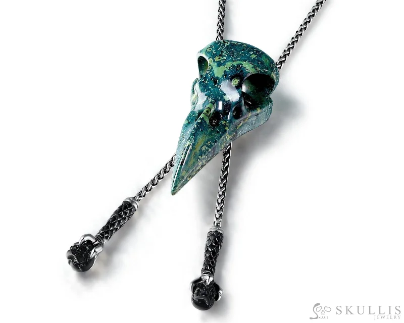 ribbon design necklaces for women -Gem Raven Skull Pendant Necklace of Kambaba Jasper Raven Skull & Black Obsidian Carved Skull with Adjustable Chain