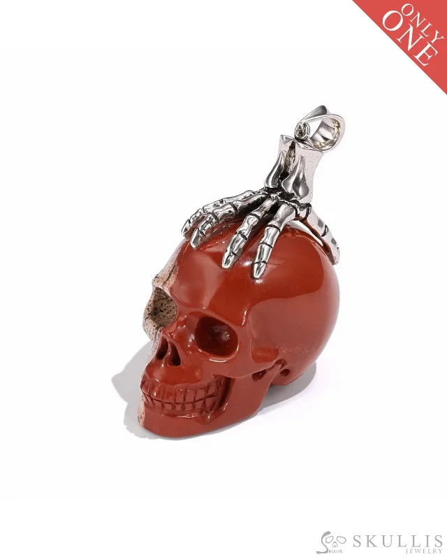 ladies charm necklaces love themes -Gem Skull Pendant Necklace of Red Jasper Carved Skull with Skeleton Hand in 925 Sterling Silver -0506515