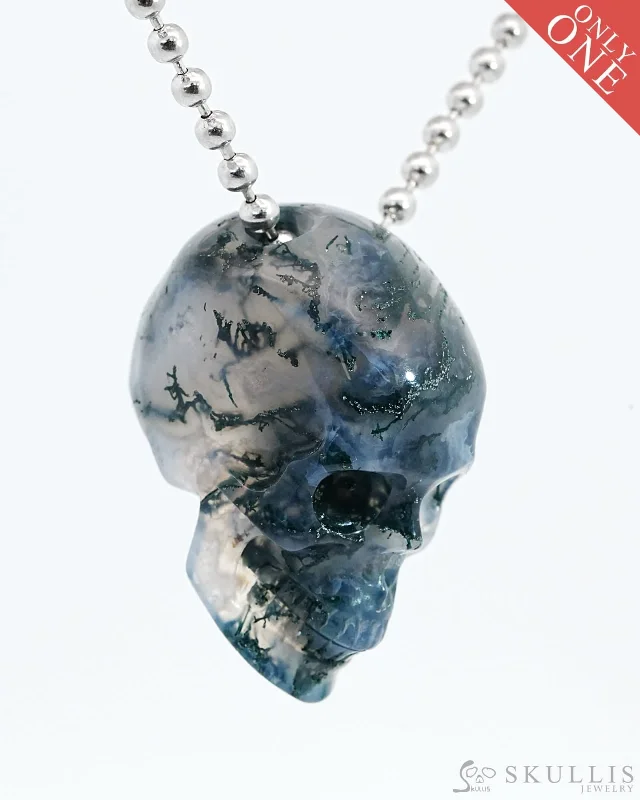 ladies silver necklaces jade stones -Gem Skull Pendant Necklace of Green Moss Agate Carved Hollow Skull with 925 Sterling Silver Chain - 9800144