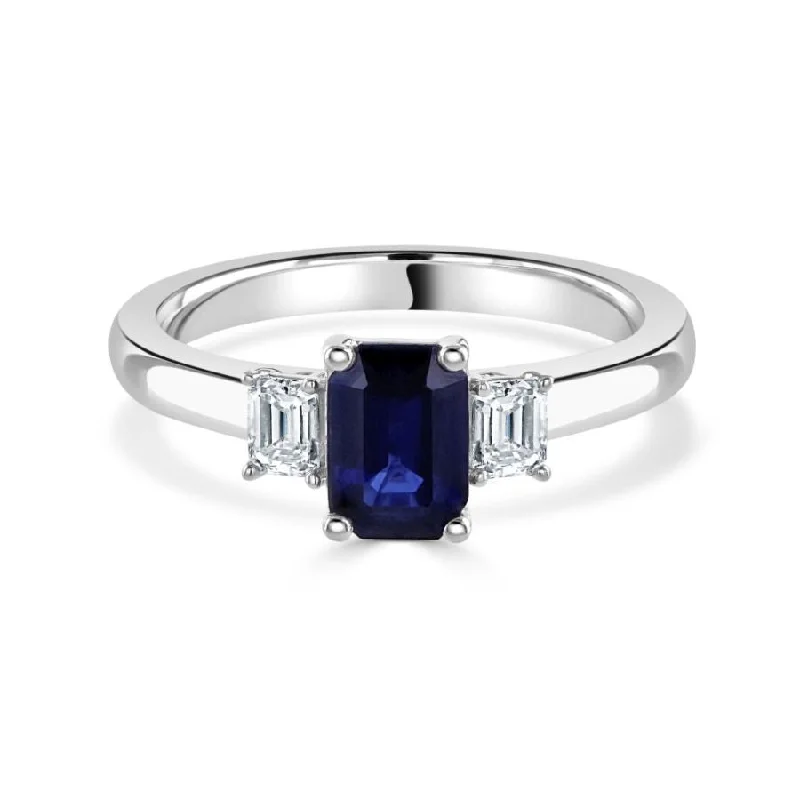 Ladies night flair rings -Platinum Octagonal Cut Sapphire & Diamond Trilogy Ring