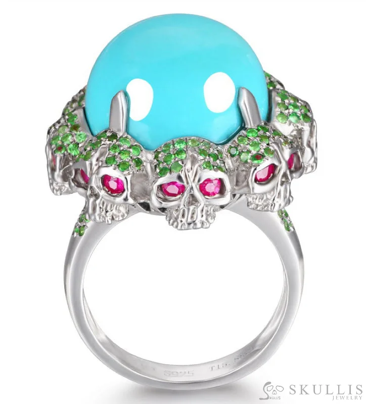 Ladies sphere orbit rings -Gem Skull Ring of Round Cut American Turquoise & Skulls with Ruby Eyes in 925 Sterling Silver