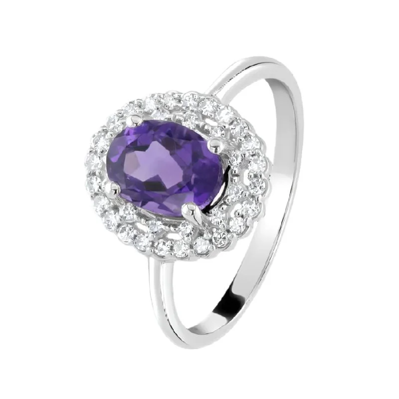 Ladies bargain glow rings -9ct White Gold Oval Cut Amethyst & Diamond Cluster Ring