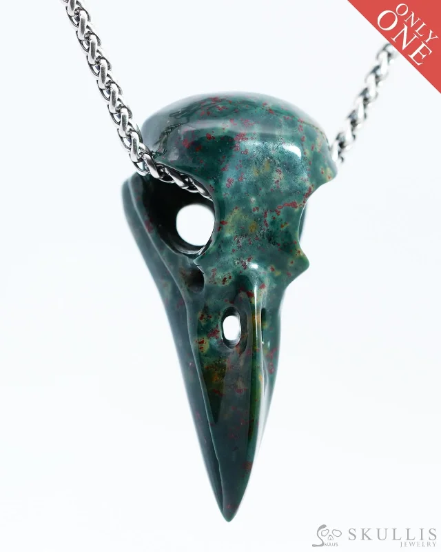 silver moon phase necklaces for women -Gem Raven Skull Pendant Necklace of Bloodstone Carved Raven Skull - 9800127