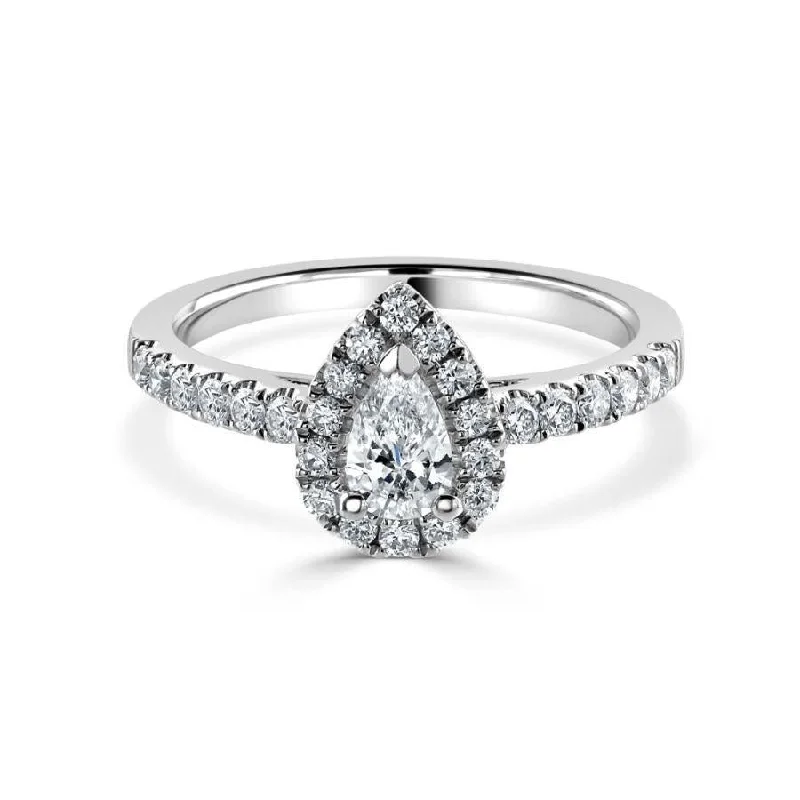 Ladies power charm rings -Platinum Pear Shaped Halo Cluster Ring with Diamond Shoulders