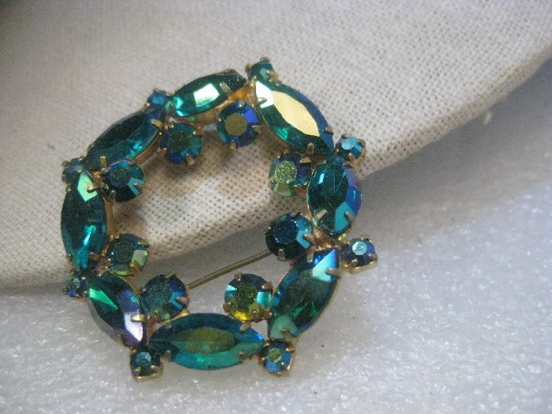 ladies brooch geometric designs -Vintage Juliana Blue/Green Aurora Borealis Circle/Wreath Brooch, 2", Gold Tone, 1960'