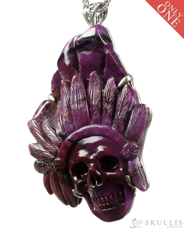 hammered texture necklaces for women -Gem Skull Pendant Necklace of Sugilite Carved Crystal Indian Skull with Loop in 925 Sterling Silver - 0400378